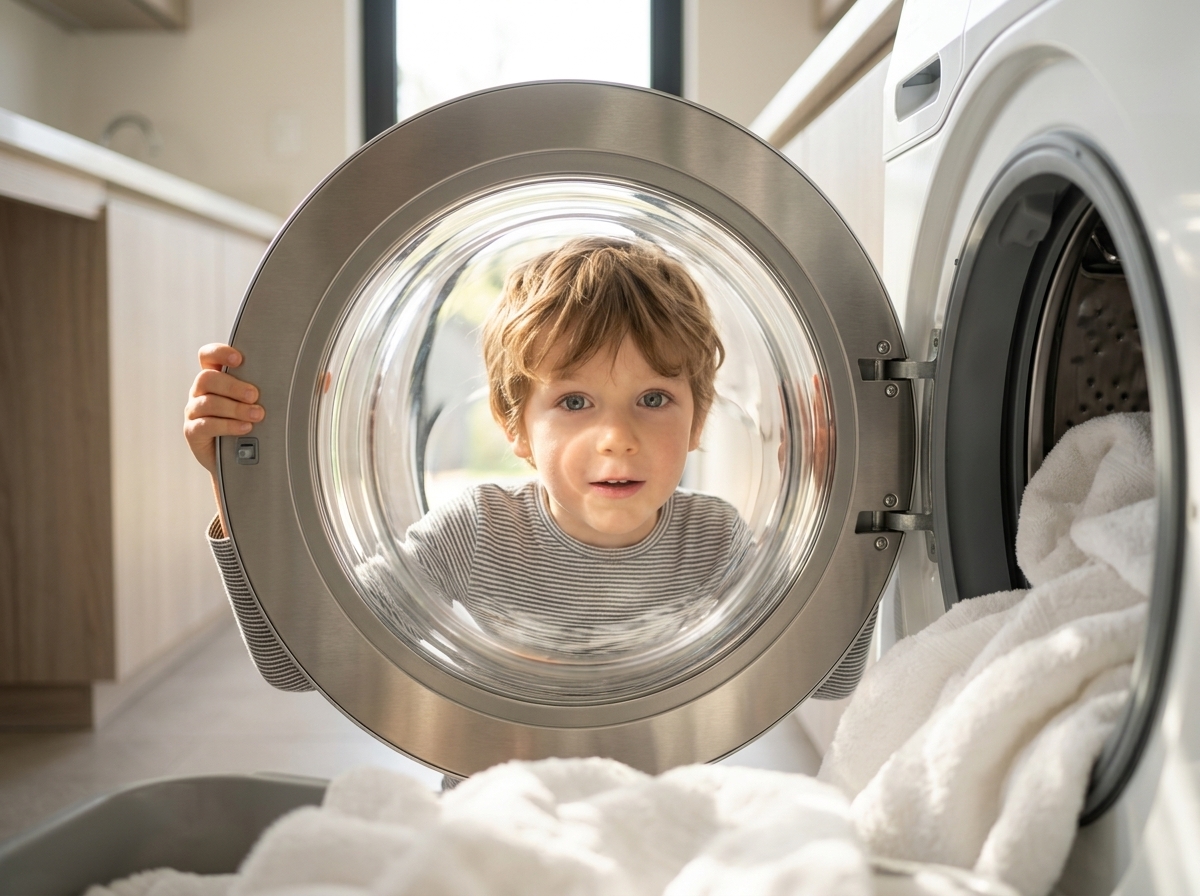 A lifelong passion for laundry: young boy peering with fascination through the porthole glass of a front-loading washing machine